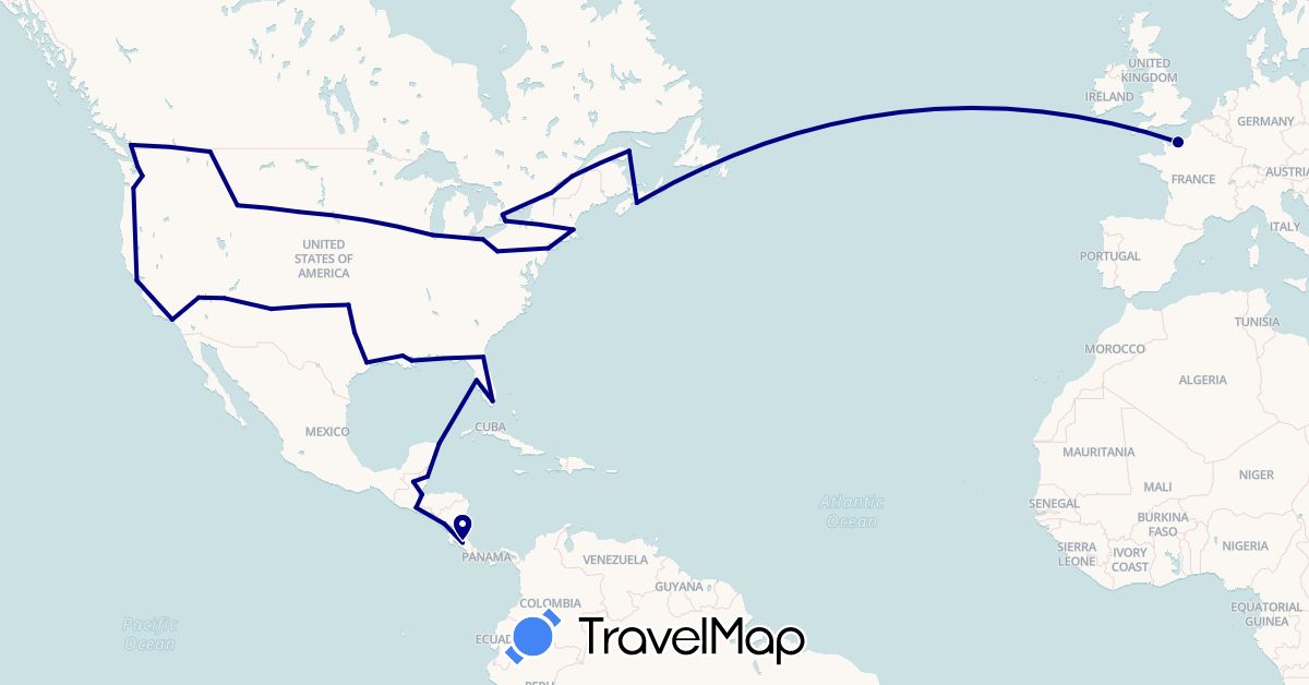TravelMap itinerary: driving in Belize, Canada, Costa Rica, France, Guatemala, Mexico, Nicaragua, El Salvador, United States (Europe, North America)